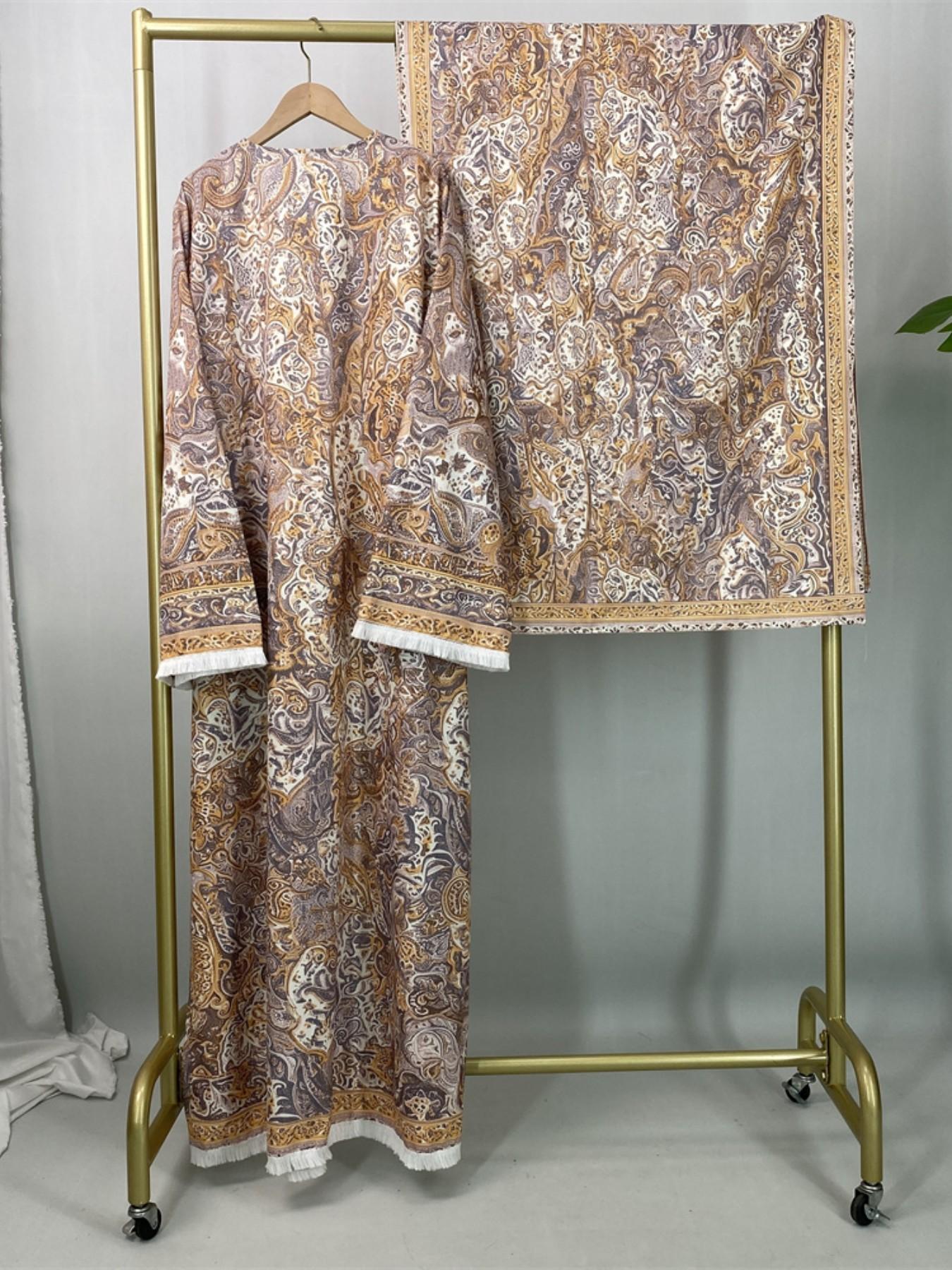 [ Includes Hijab]  Printed Abaya Set, Polyester Fabric, Wrinkle-Resistant, Wide Sleeves with Fringe, Available in 5 Sizes#PashminaAbaya #PolyesterAbaya #PrintedAbaya #TwoPieceAbaya #HijabFashion