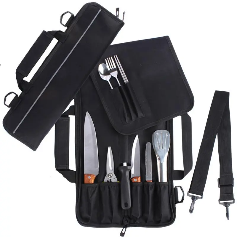 Portable 9-Pocket Chef Knife Roll Bag - Professional Kitchenware Cutting Knives Storage Case, Knifeholder Tool Carrier with Shoulder Strap
