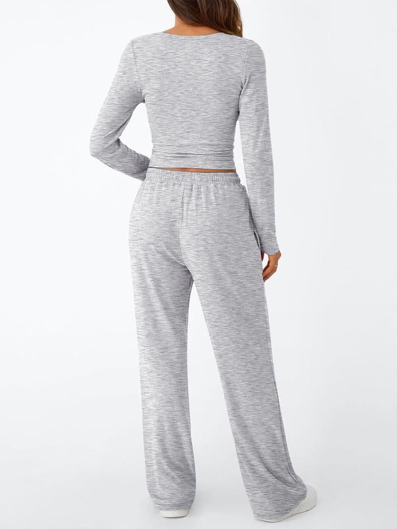Women's 2 Piece Matching Lounge Set, Long Sleeve Slightly Crop Top & Wide Leg Pants, Casual Sweatsuit for Fall & Winter