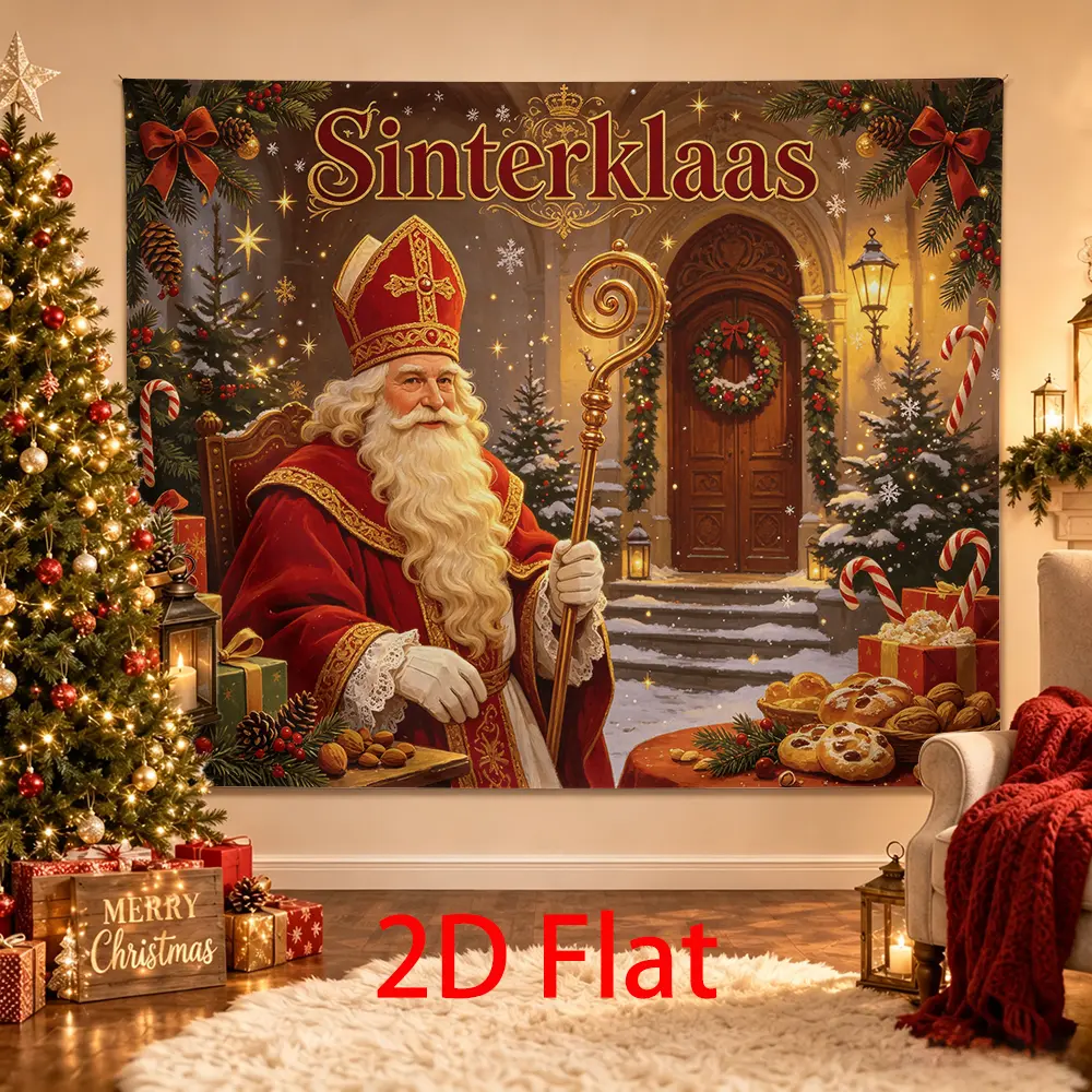 Sinterklaas Backdrop, Traditional Red Gold Winter Party Photo Background with Gifts, Candy Canes, Cookies and Pinecone