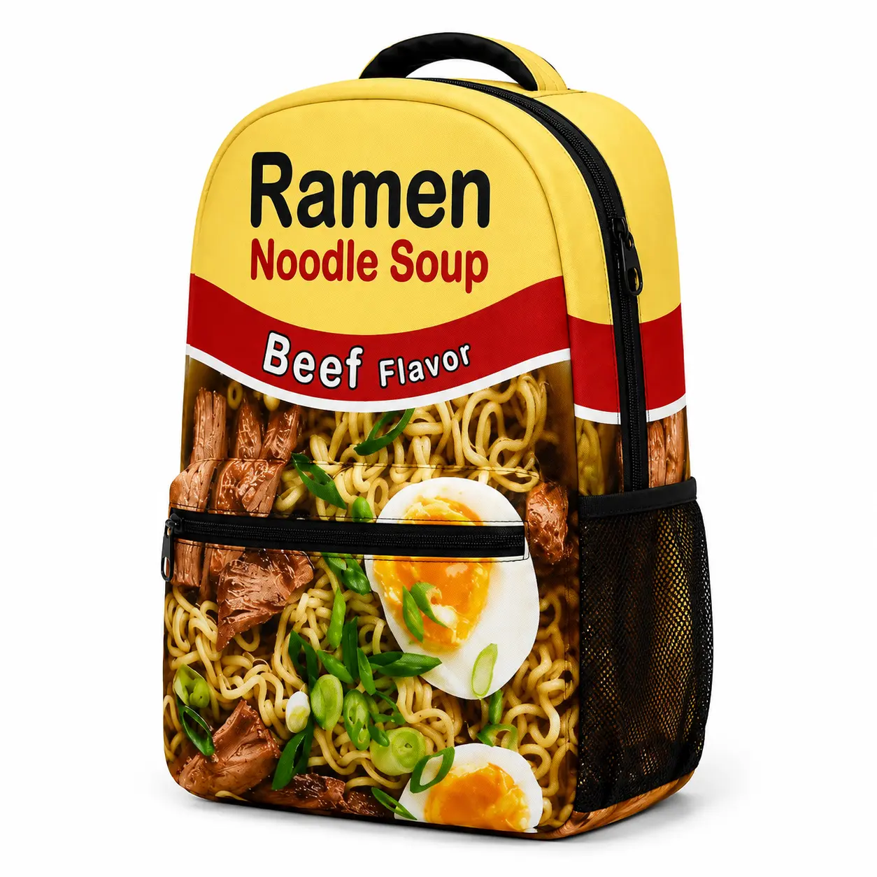 Ramen Noodle Soup Backpack, Funny Beef Flavor Food Print School Bag for Mens Womens, Lightweight Student Bookbag with Side Mesh Pocket, Front Zipper Pocket and Top Handle, Novelty Travel Daypack, Daily Use, Back to School Gift 2026