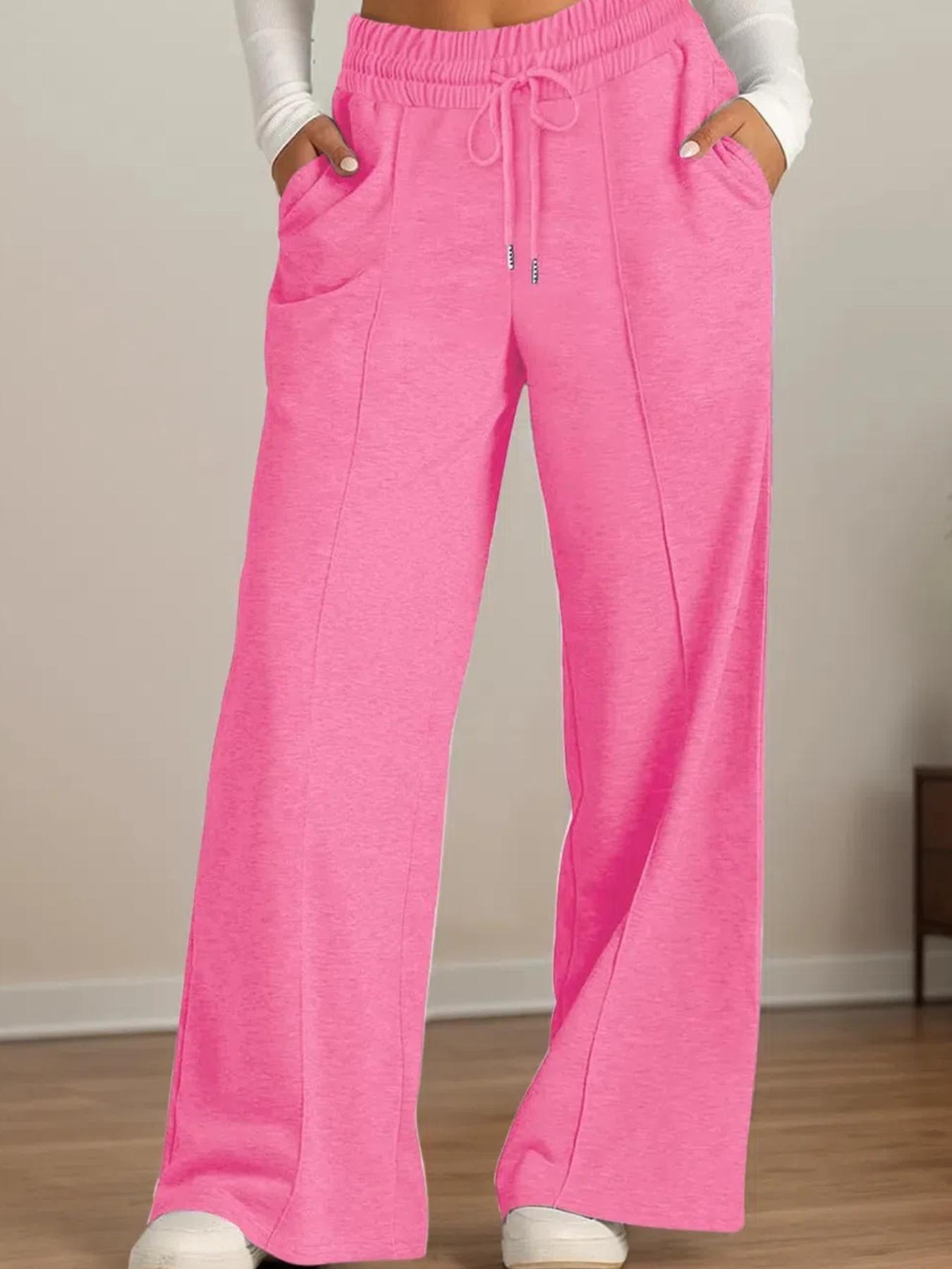 Women's Plain Drawstring High-Waisted Wide-Leg Pants, Loose Fit, Casual with Pockets, Elastic Waist, All Seasons, Daily Wear, Outerwear, Home Wear