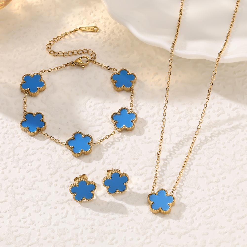 3Pcs Gold Plated Black Clover Jewelry Set, Dainty Enamel Quatrefoil Necklace Bracelet Earrings Combo, Fashion Jewelry Gift for Her