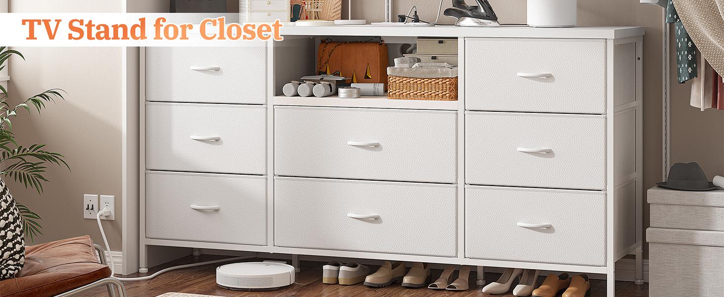 Raybee Furniture Dresser TV Stand with Power Outlet Entertainment Center with 8 Fabric Deep Drawers Wide Storage Drawer Dresser for Bedroom, Living Room, Entryway