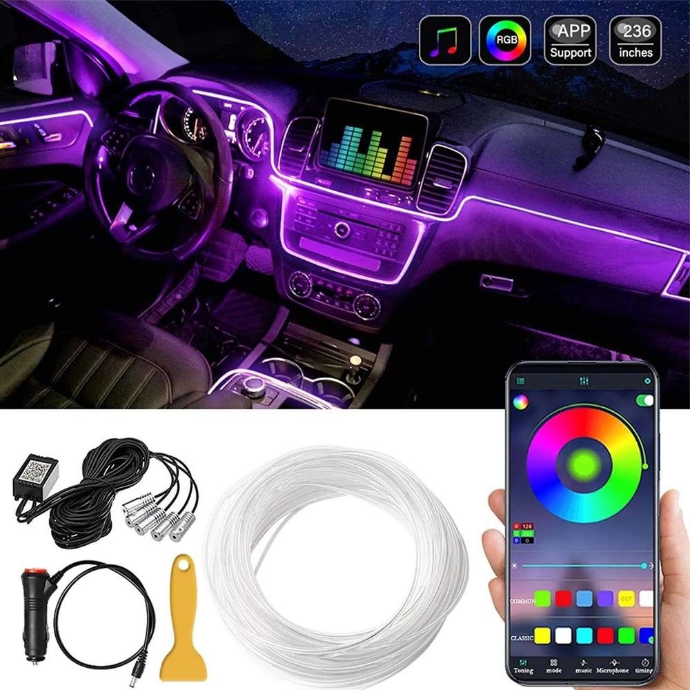 RGB Car Lights Wireless RGB LED Strip Lights Kit with Music Sync 12V Car Plug for Vehicle Interior Decoration Fiber Optic Cable Included,  led light strips