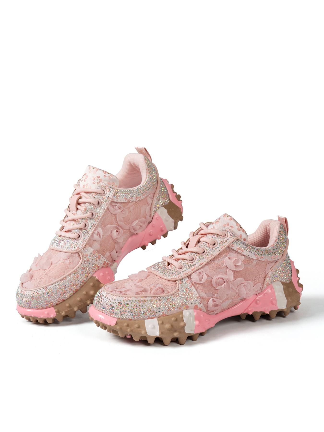 Sweet Cool Girl Style Rhinestone Lace Rose Bow Dad Shoes, Thick Rubber Sole Height Boost Slimming Anti-Slip Casual Streetwear Sports Shoes