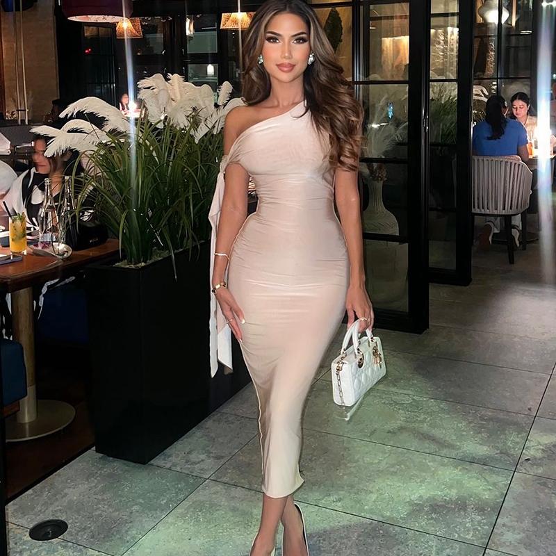 Knotted One Shoulder Tie Bandage Midi Dress for Women's  2025 Summer Asymmetric Sleeveless Bodycon Slim Casual Elegant Sexy Party Club Dating Outfit Dress