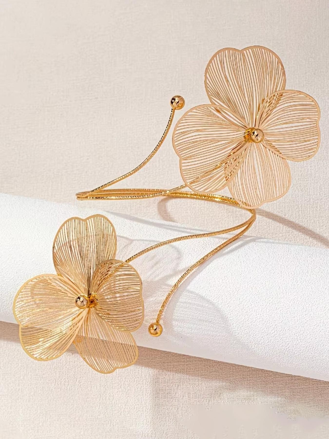 Gold Openwork Floral Bracelet — Women's Upper Arm Cuff | Personalized, Stylish Accessory & Gift for Festivals and Parties | Gold Bohemian-Style Jewelry