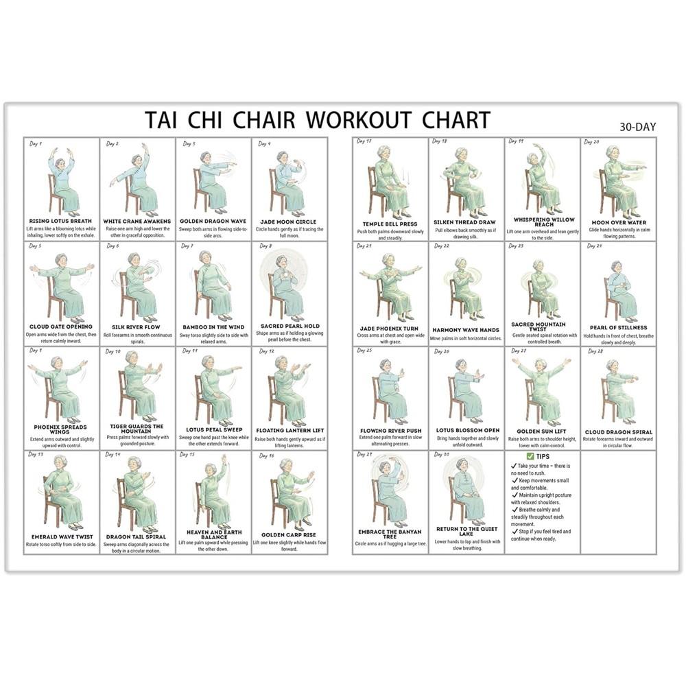 Tai Chi Chair Workout Chart Poster Print 30 Day Seated Exercises for Beginners and Seniors Canvas Wall Art Living Room Bedroom Home Gym Decor 18x12 Inch /45x30cm Unframed