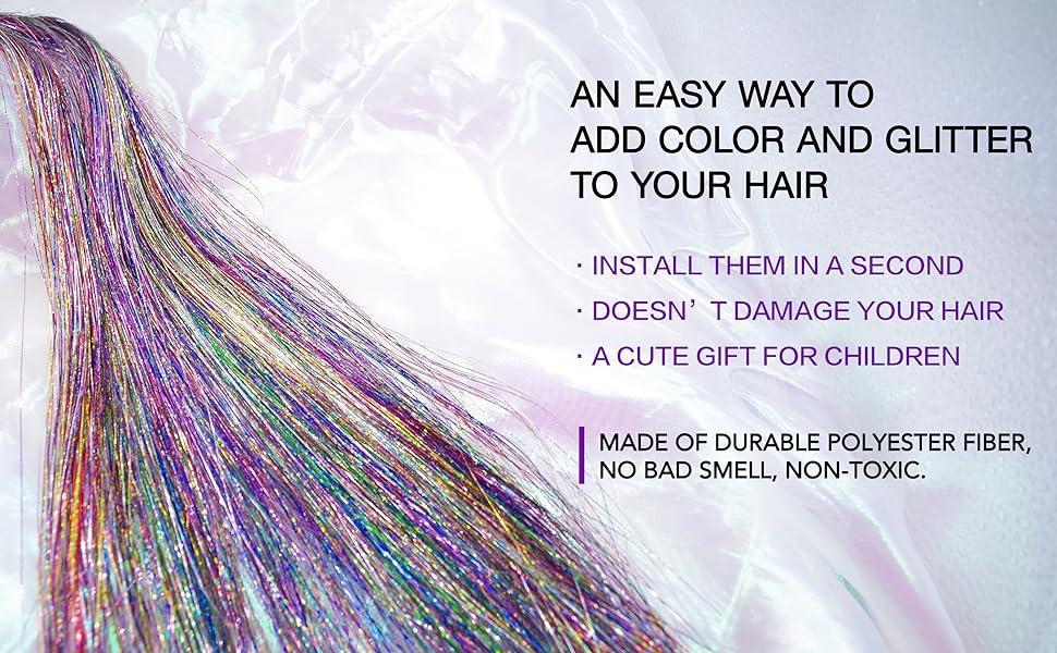 Clip in Hair Tinsel, Pack of 6 Pcs 24 Inch,Glitter Tinsel Hair Extensions 24 Inches, Festival Tinsel Fairy Hair Extension Party Dazzle Hair Accessories Strands Kit for Women Girls Kids
