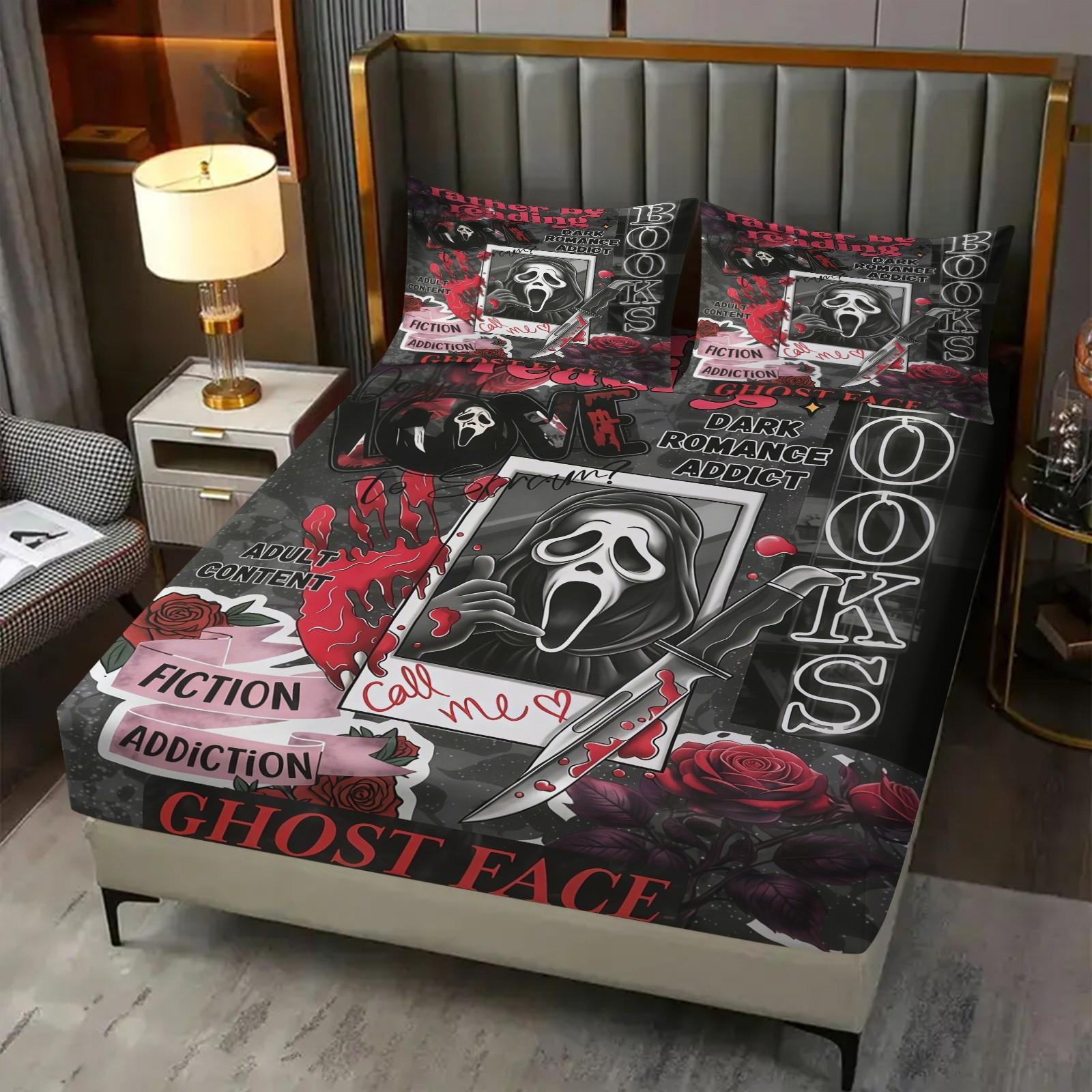 3 Piece Scream Ghostface Fitted Sheet Set, 1 Fitted Sheet + 2 Pillowcases, Dark Romance Horror Movie Bedding, Spooky Bedroom Decor for Halloween, Graduation & Adult Ceremony, Perfect Gift for Movie Fans & Book Lovers