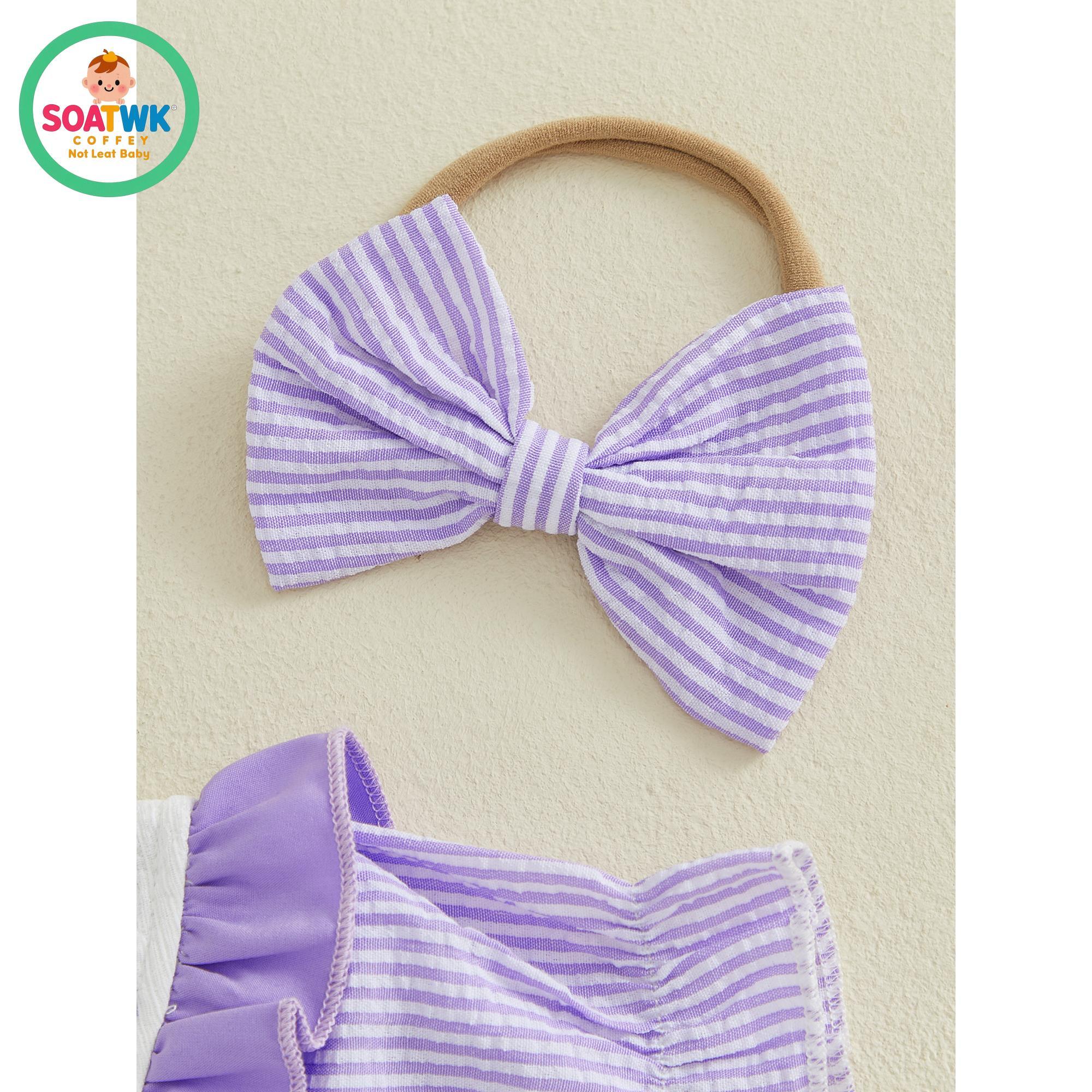 Baby Girl Summer Outfit Striped Letter Embroidered Puff Sleeve Bubble Romper and Bow Headband 2 Piece Set