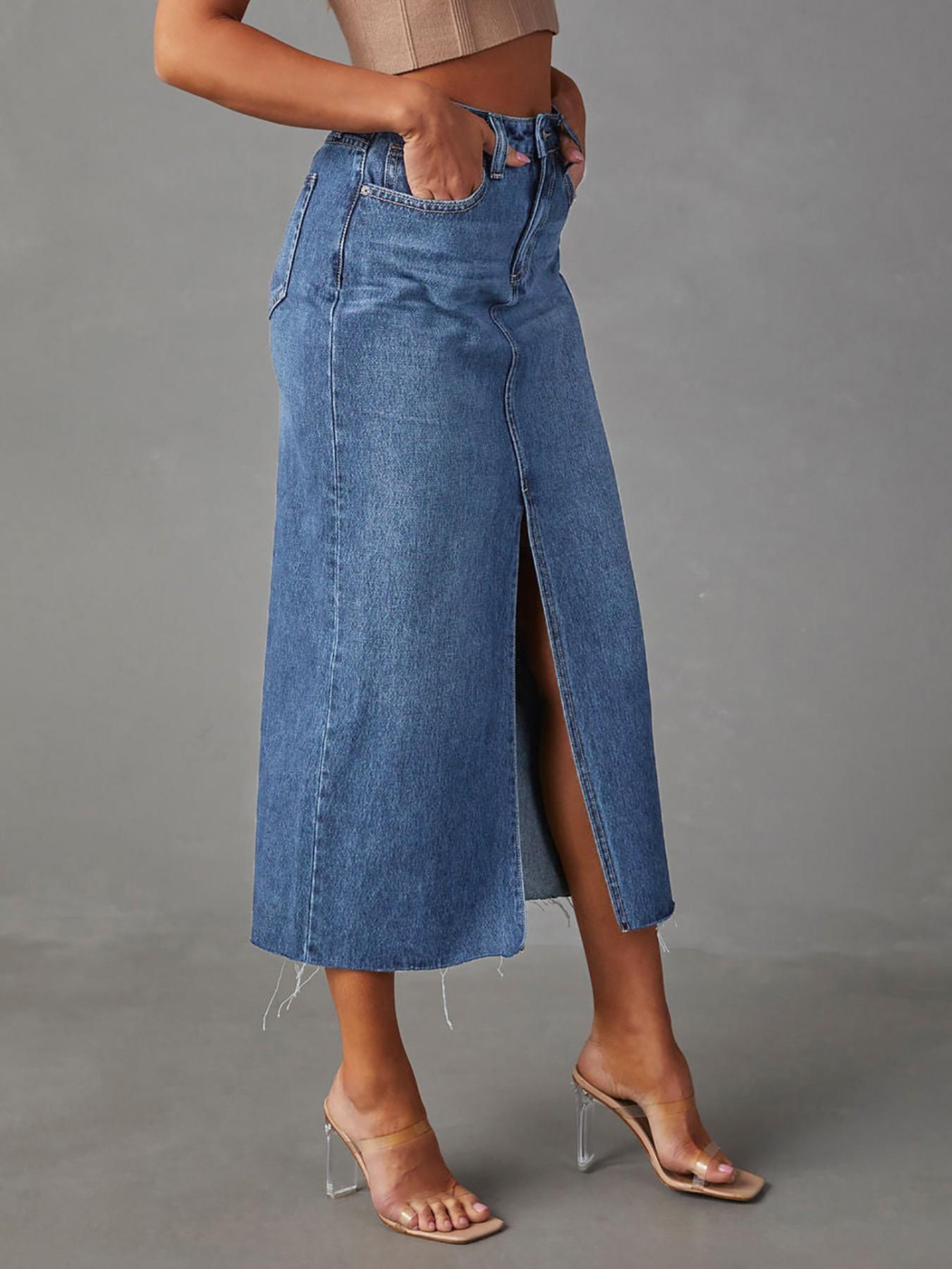 Women's Straight Leg Split Denim Midi Skirt, Basic Fitted Denim Half Skirt, Pocket Design, Slimming Casual Dress for Summer, Slit