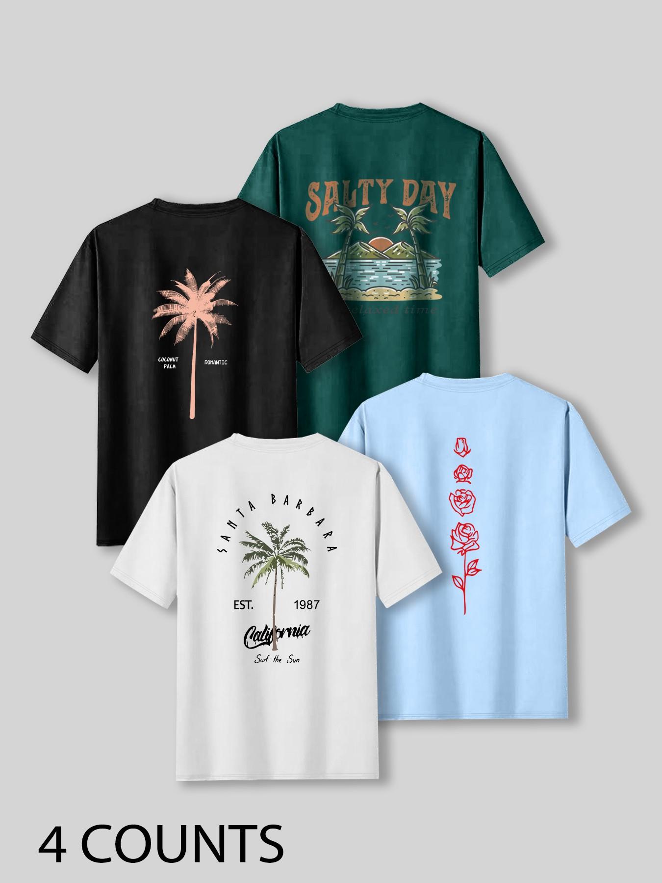 Men's Palm Tree & Letter Print Tropical Short Sleeve Graphic Casual Beach Tee, Regular Fit Casual Streetwear Round Neck T-shirt for Summer, Men's Top for Daily Wear, Menswear