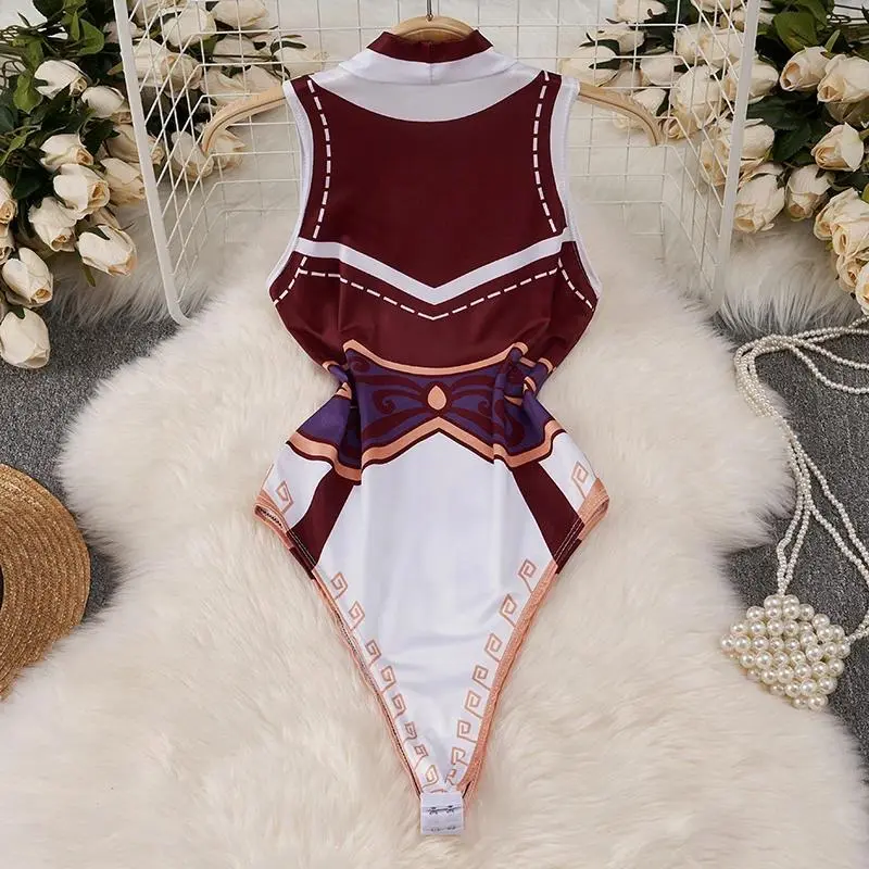 Cartoon Print High Neck Jumpsuit Hollow Sleeveless Slim Bodysuit Hero Cosplay Uniform Cute Sweet Women's Pajamas Rompers Catsuit