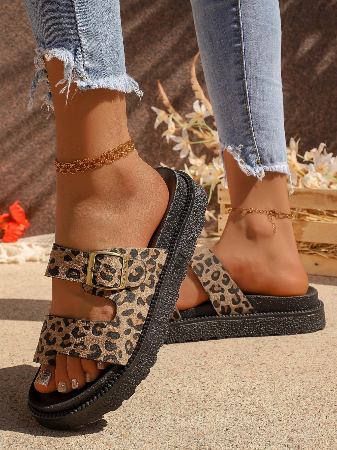 Women's Fashion Retro Leopard Print Slippers, Dual Strap Buckle Design, Thick Sole Height Increase, Soft Comfortable, Versatile Streetwear