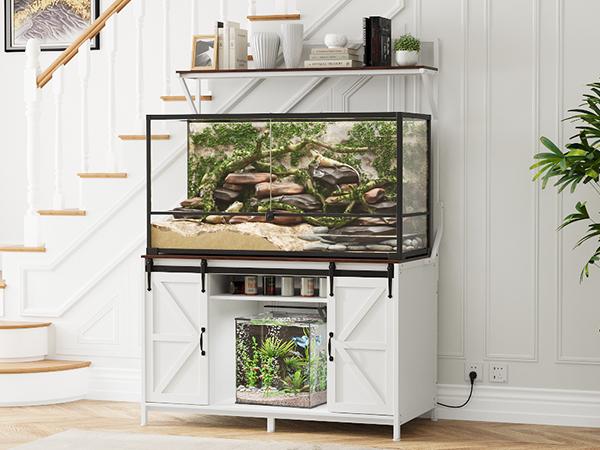 VOWNER Farmhouse Reptile Tank Stand with Power Outlet, 48" X 24" Tabletop Fits up to 120 Gallon Bearded Dragon Tank, Heavy Duty Aquarium Stand with Storage Cabinet, Reptile Turtle Terrarium Stand