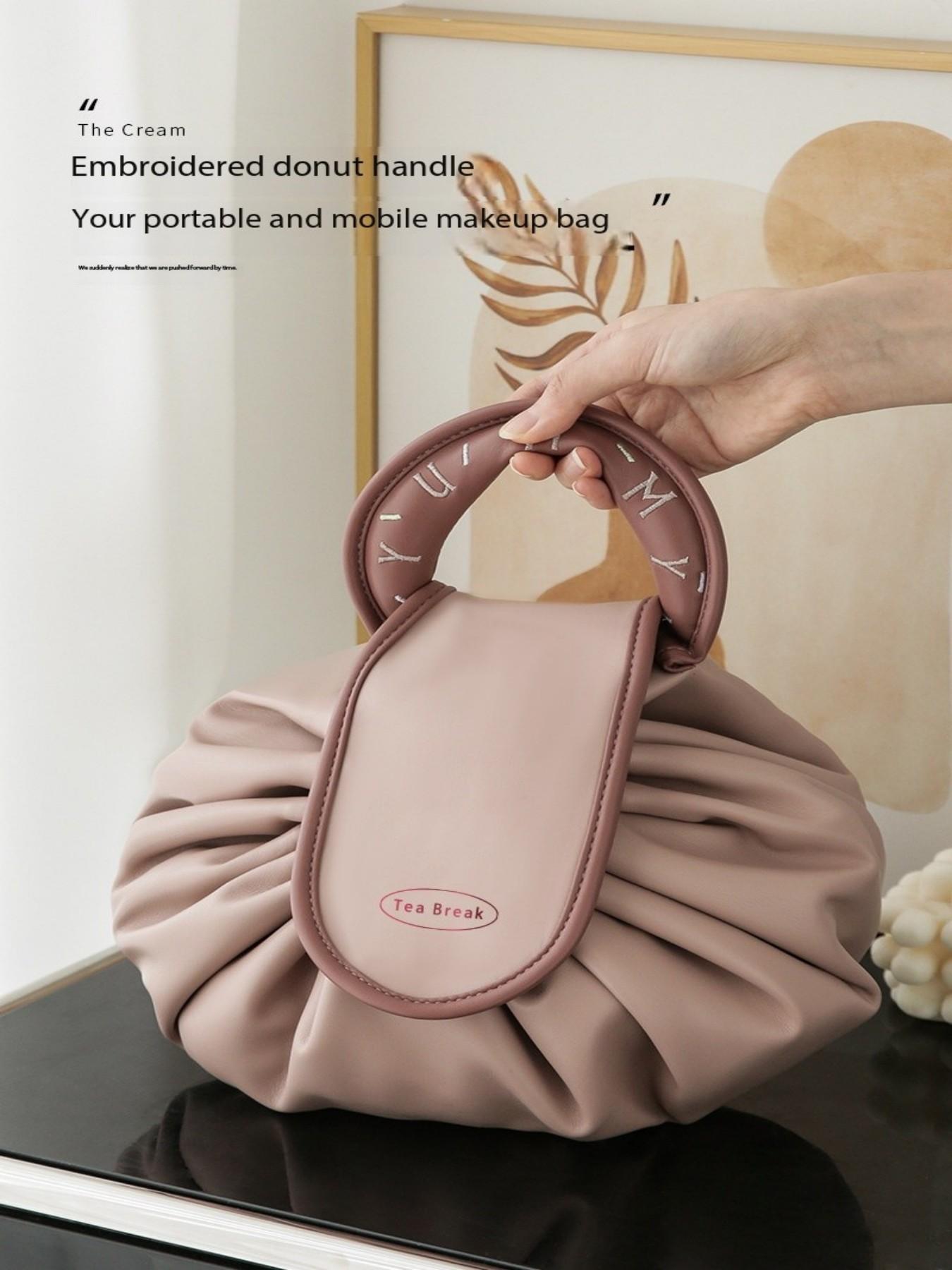 New Lazy Drawstring Makeup Bag for Women, Portable Waterproof PU Travel Wash Bag, Handheld Storage Pouch Box, High-End Design