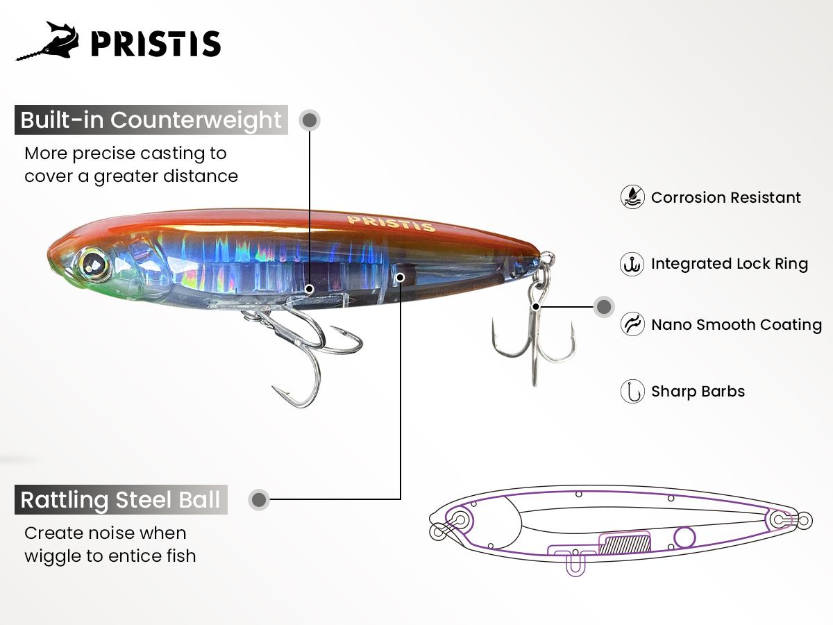 Pristis 3pcs Float Pencil Poppers, Topwater Fishing Lures for Saltwater & Freshwater, Floating Bait with Delicate Coating, Stick Plopper Hooks, Long Cast Walkers for Tuna Perch Striped Bass Trout
