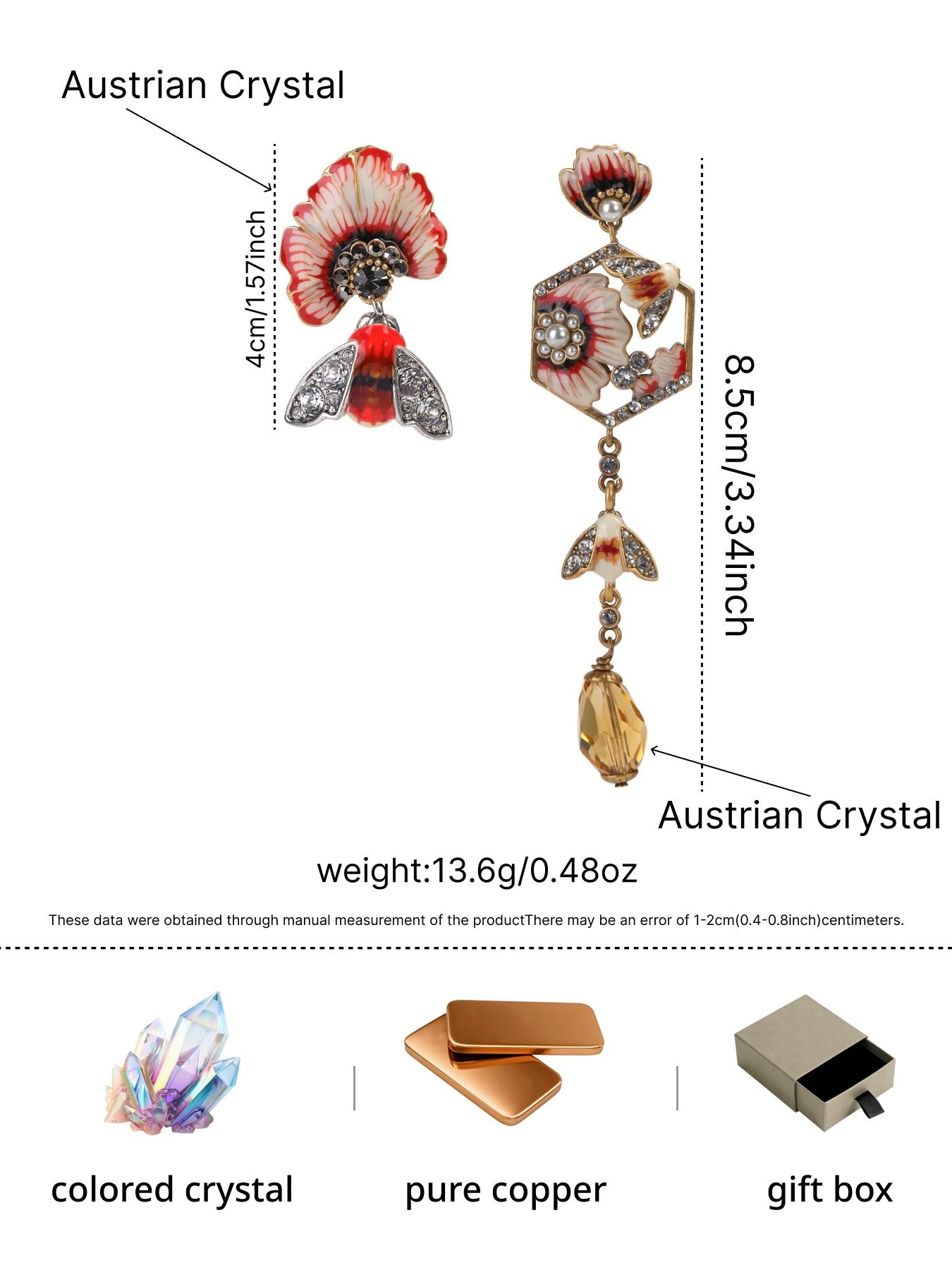 A pair of fashionable enamel floral and bee-shaped earrings with yellow crystal pendants, suitable for both daily commuting and vacation dates, and also a delightful and exquisite small gift.