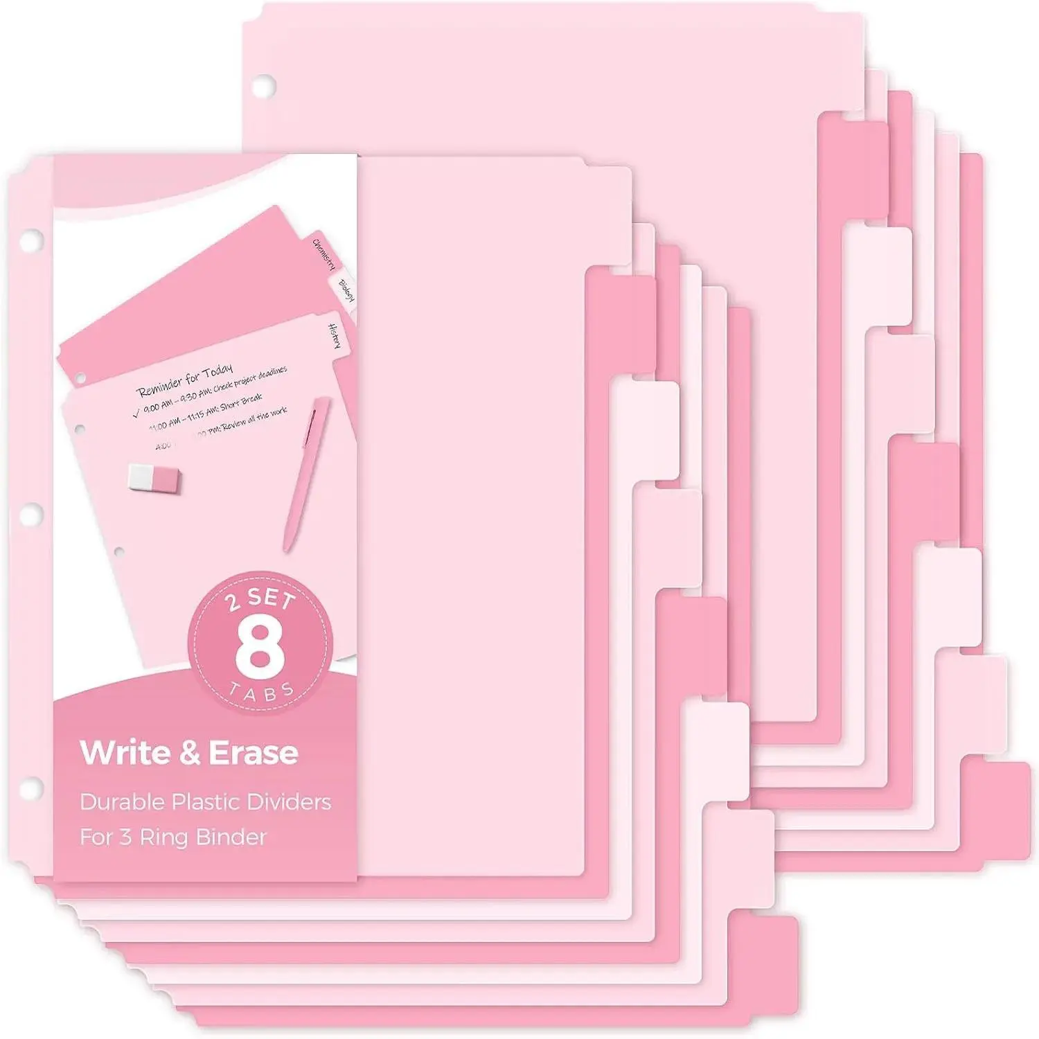 8-Tab Durable Plastic File Dividers for 3-Ring Binders, 2 Sets | Letter Size Binder Accessories with Sticker Labels, Writable Reusable Subject Organizer for Students, Office Work Accessories & Classroom Supplies, Pink