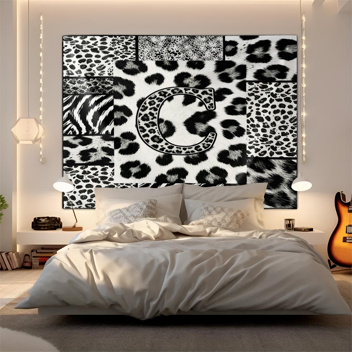 Personalized Initial Wall Tapestry, Retro Leopard Print Patchwork, Easy Care Good Shading, Suitable for Living Room Rental Wall Decor