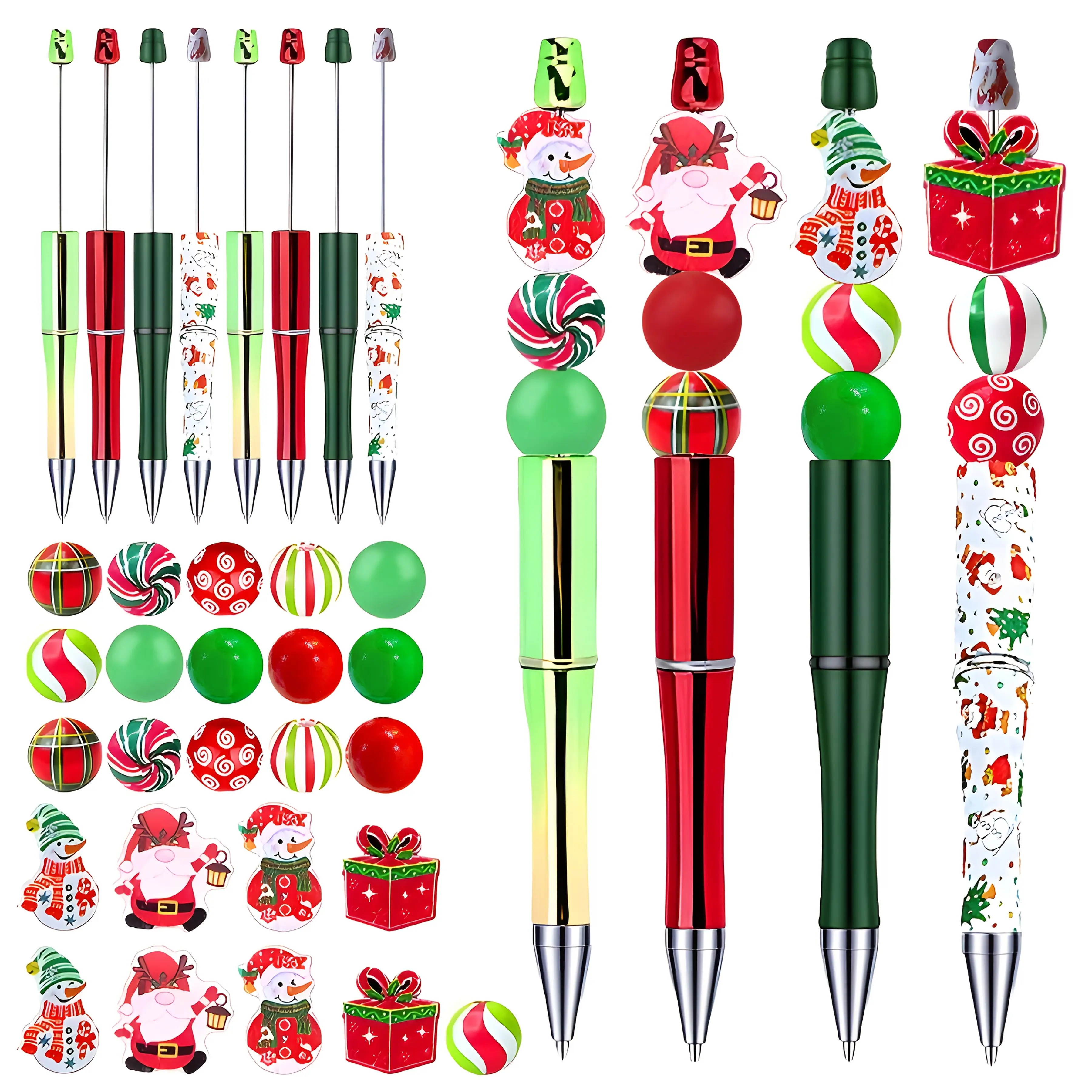 32pcs Festive Christmas Beadable Ballpoint Pen Set - 8 Sets, 1mm Fine Point, Black Ink, Santa & Snowman Gift Box Designs, Decorative Beads, DIY Tassel Accessories - for Students & Office Workers - Per