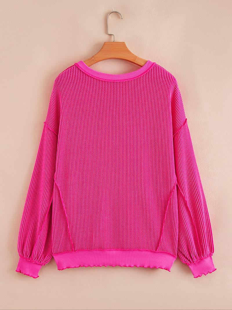 Spring & Fall Casual Women's Solid Color Twisted Ribbed Asymmetrical Hem Loose Drop Shoulder Long Sleeve Knit Top