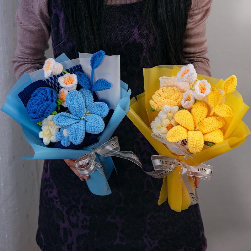 Handmade Crochet Flower Bouquet with Lily Rose Tulip,Artificial Flowers Soft Yarn Material Home Decor Accent Everlasting Gift for Lover Friend Mom Valentine's Day Birthday Anniversary,Valentine's Day Gifts,Valentine's Day Bouquets