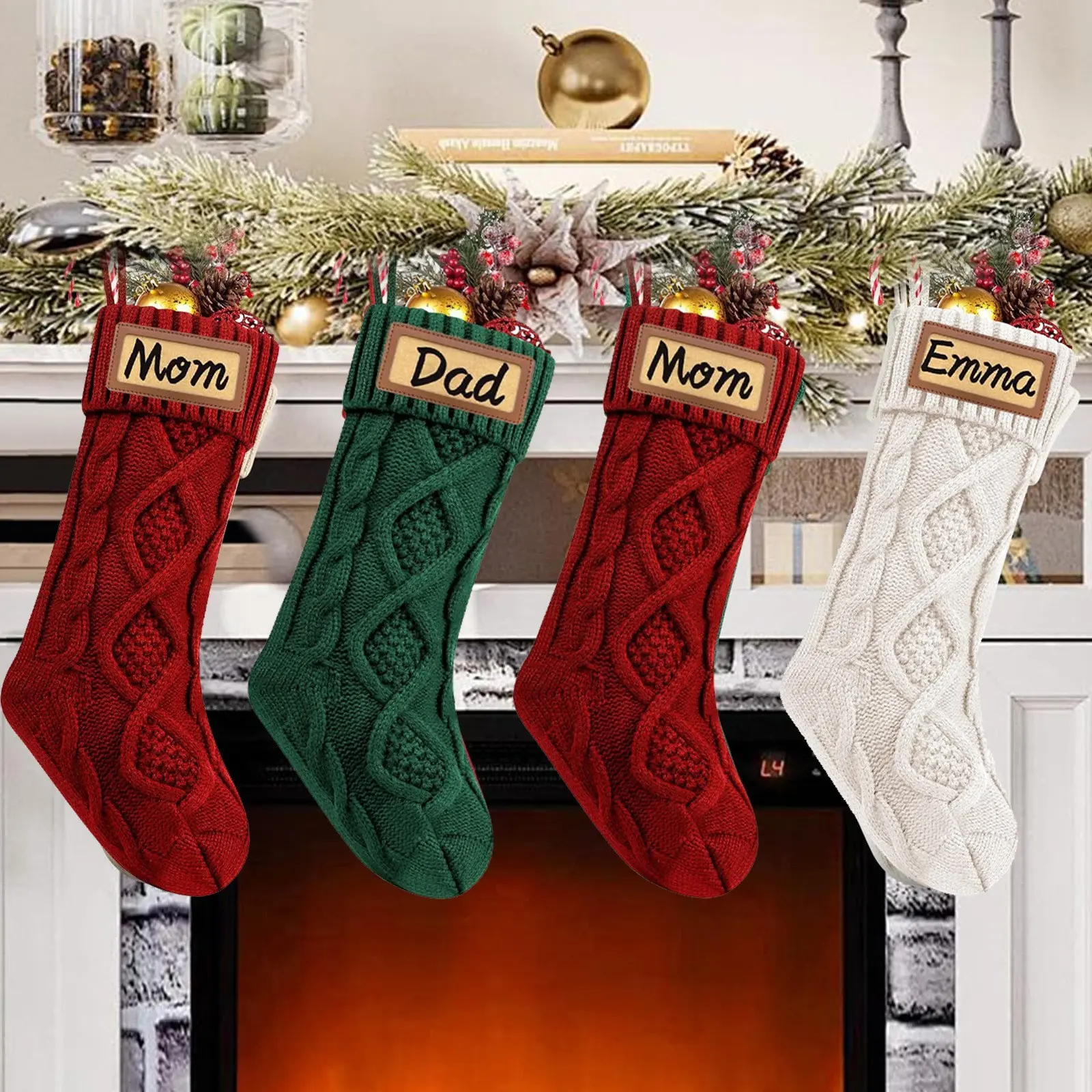 Personalized Cable Knit Christmas Stockings, Custom Name Leather Patch, Large Rustic Ornament, 4 Colors, Holiday Fireplace Decor