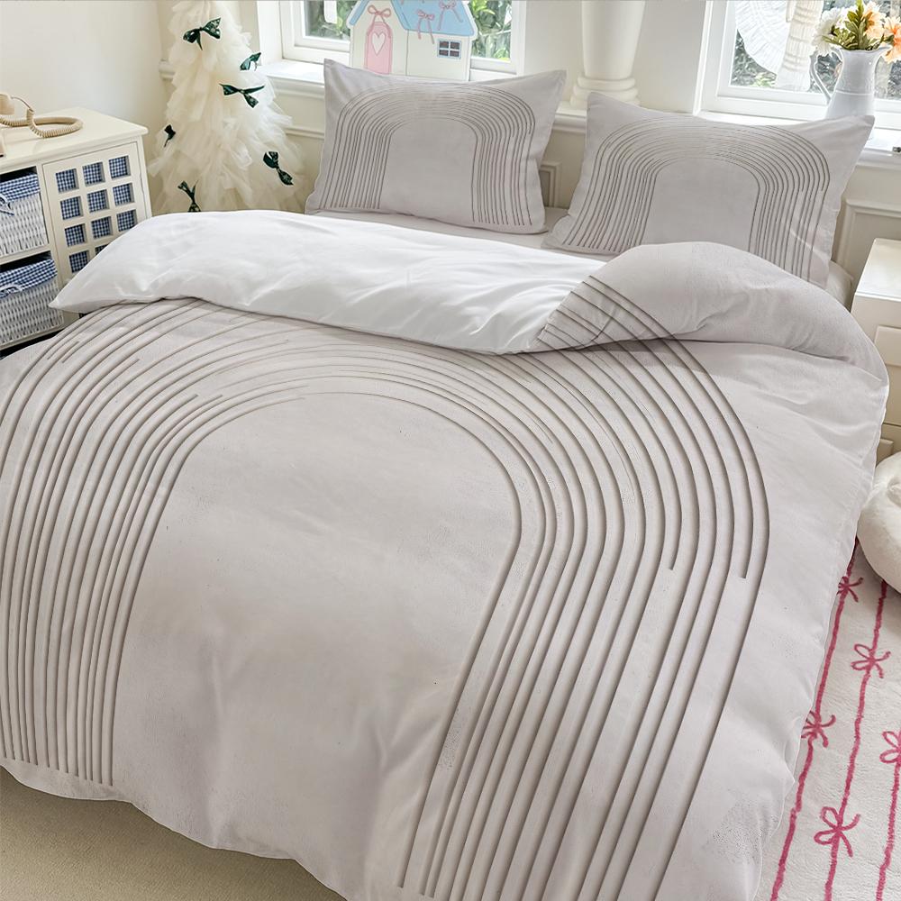 3pcs Arched lines on beige background bedding set (1*Duvet Cover + 2*Pillowcase, Without Core)+The fabric is soft, comfortable and breathable for bedroom guest room hotel dormitory rooms