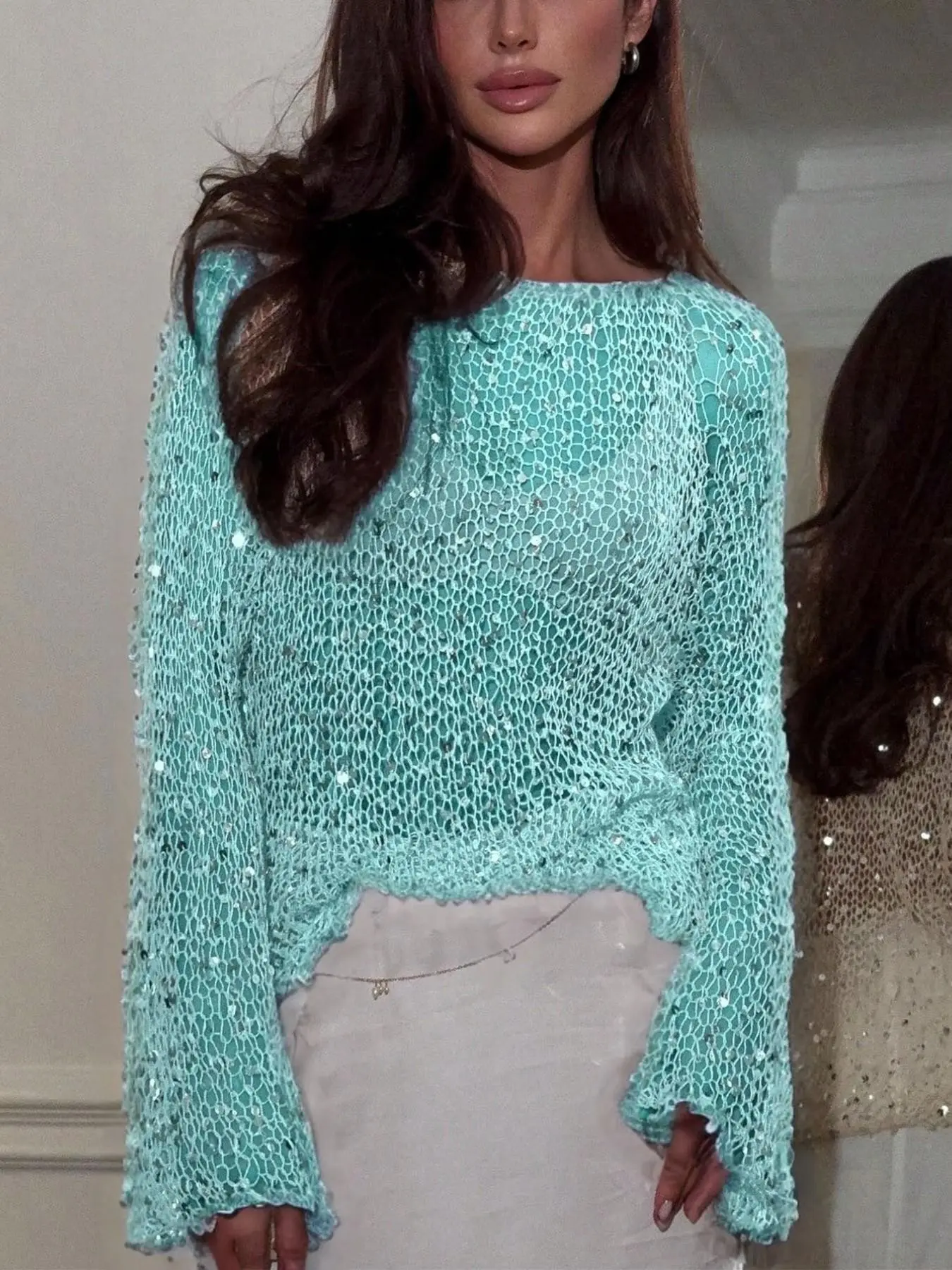 Women's Sequin Mesh Hollow Out Sweater, Round Neck Bell Sleeve Net Top, Elegant Evening Party Outerwear, Loose Fit Knit Shirt, Long Sleeve