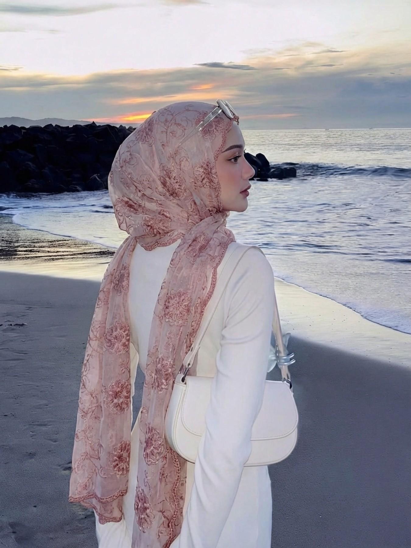 Breathable Floral Embroidered Hijab, Comfortable Summer Muslim Accessory, Lightweight Mesh Design, Ideal for Warm Weather