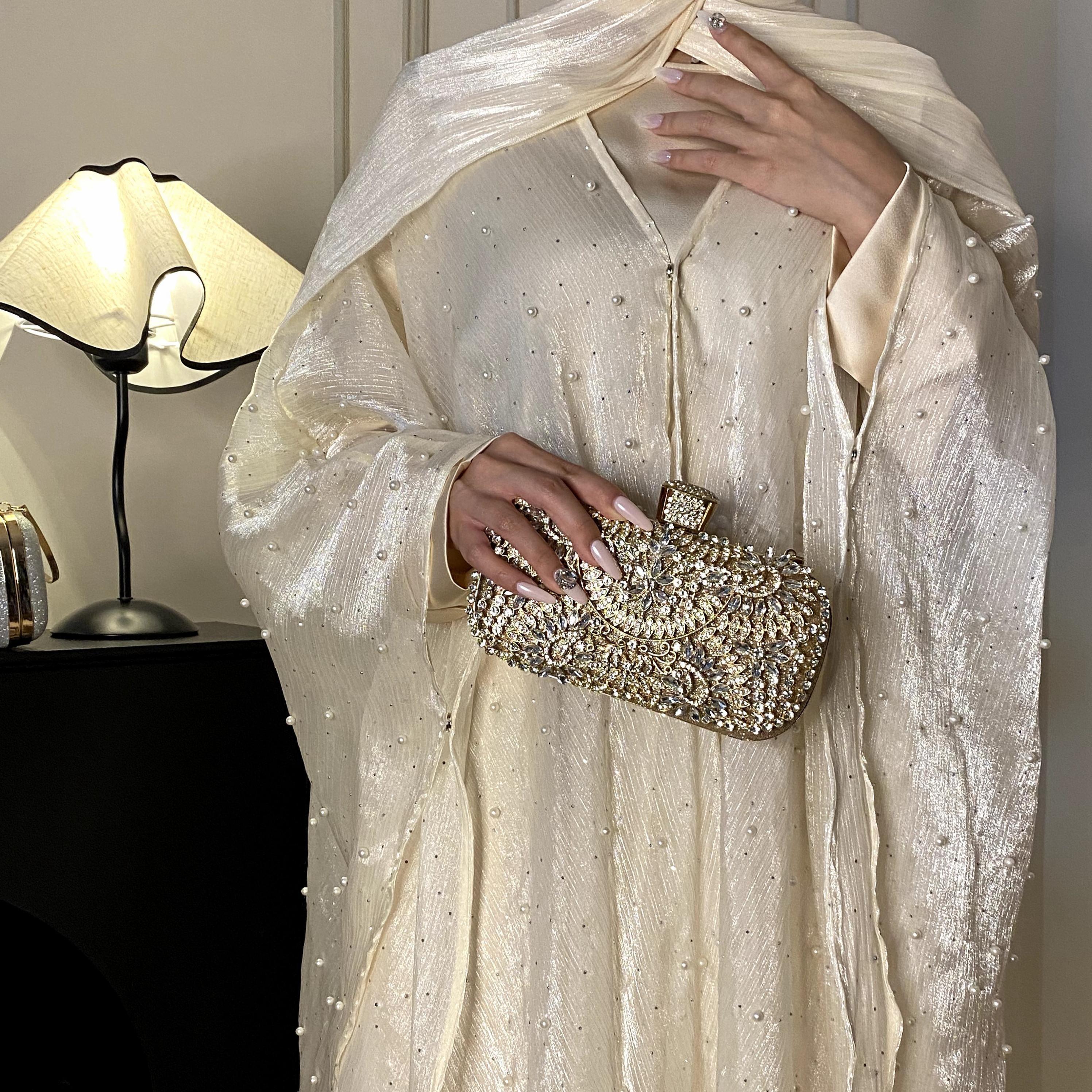 CL01 Starlight sparkling pearl abaya, two piece suit, abaya cardigan, bottoming dress Modest Beige Women Chiffon Chic【Fashionweek】 Modern