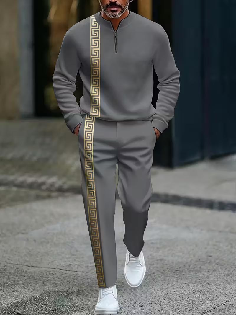 Men's European American-Style Sportswear Set Half-Zip Top & Matching Trousers Golden Greek Fretwork Design Comfortable Fabric for Daily Streetwear