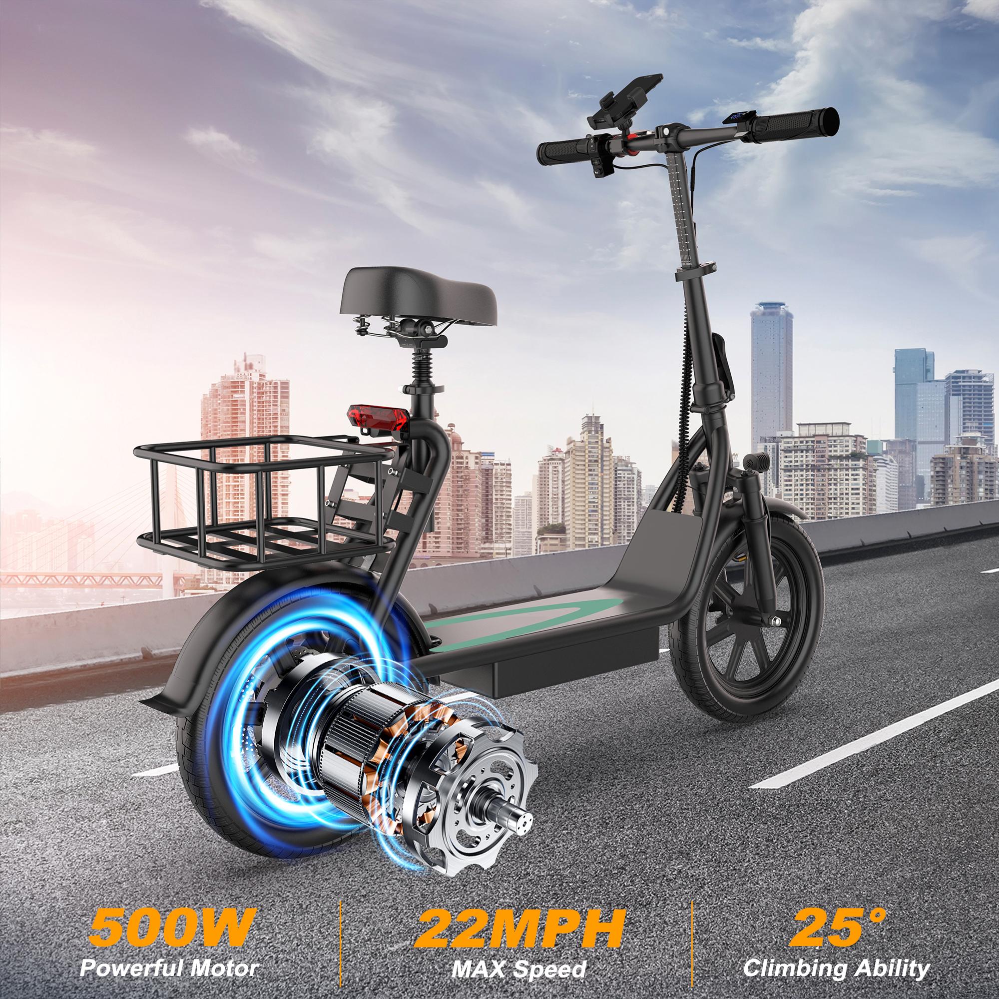 Electric Scooter with Seat & Basket, Powerful Electric Bike, 750W peak motor Max 22MPH & 28Miles 42V/10.4Ah Rechargeable Battery