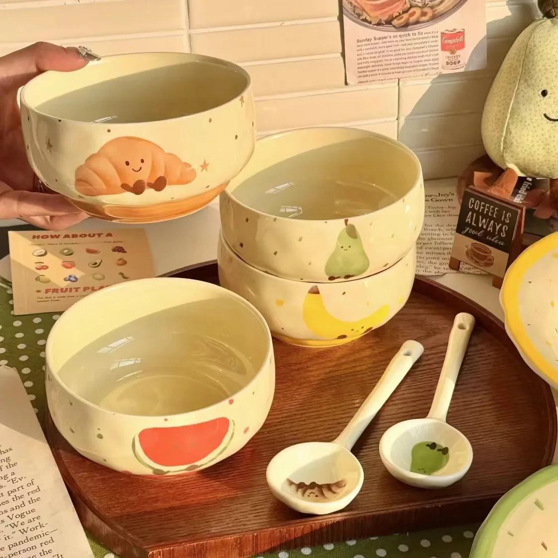 Cute Fruit Ceramic Bowl Creative Kawaii Hand-painted Ceramic Anti-scald Soup Bowl Home Kitchen Noodle Ramen Tableware Bowl