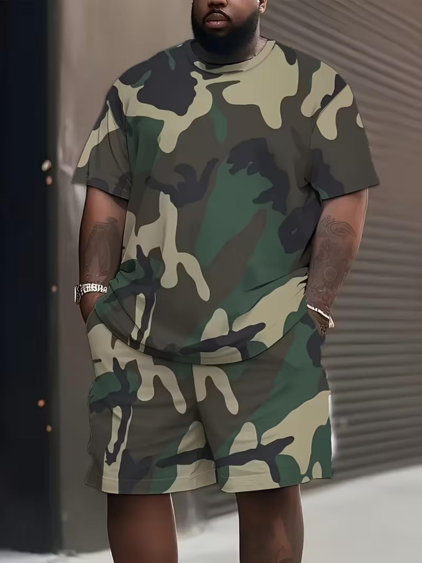 Men's Casual Summer Camo Short Sleeve Round Neck T-Shirt Shorts Set, Outfit, Camouflage, Comfortable Streetwear, Loose-Fitting, Modern Style, All Seasons, Menswear