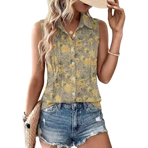 Women’s Summer Sleeveless Button Down Shirt Office Collared Blouses with Pleated Front Casual Basic Tank Tops