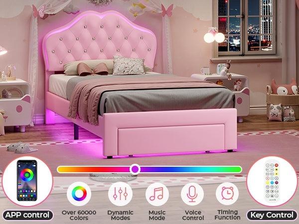Sikaic Twin Size Velvet Princess Platform LED Bed with Storage Drawers and Adjustable Crystal Button Headboard Pink Comfortable Nursery Design Cute Bedroom