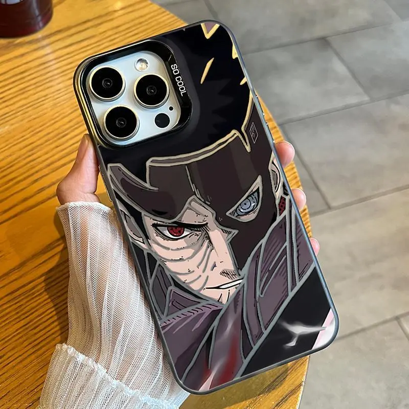 Japanese anime-style phone case featuring a Sharingan pattern, compatible with iPhone 17, Air, 16, Pro Max, 15, Plus, 14, 13, 12, 11, and Samsung Galaxy S26 Ultra, S25 Plus, S24, S23, S22, S21; acrylic case with a metallic finish