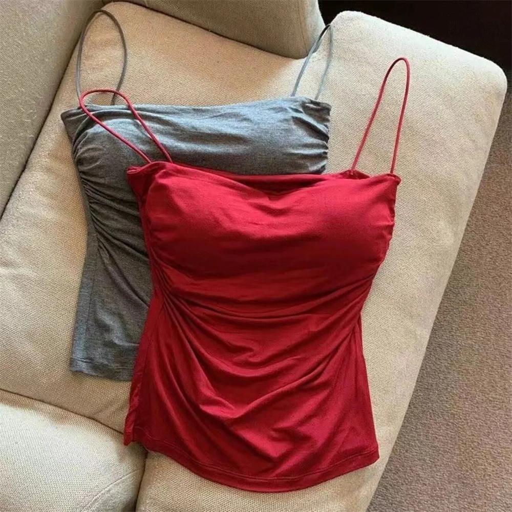Women's Sexy Corset Crop Top - Thin Strap Ease, Bold Crop Top Look, Short Length, Pleated Detail, Solid Color, Built-In Bra, Soft Support, Sleeveless, Body-Hugging Sun Protective Sports & Outdoor Vest