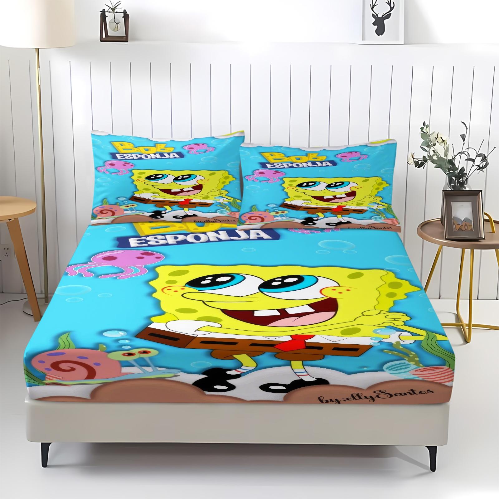 3 Piece Spongebob Pattern Fitted Sheet Set, Soft And Durable Bedding Set Includes 1 Piece Flat Sheet And 2 Pieces Pillowcases, Daily Holiday Birthday Gift Bedroom Decorations For Kids And Adults