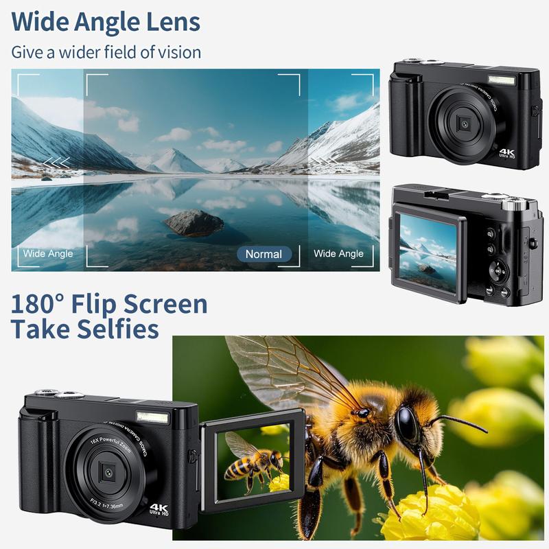 4K HD Digital Camera, 48 Megapixel HD Camcorder with 16x Zoom, Autofocus 4K Camcorder with 32GB SD Card, Compact Camcorder for Teens Adult, Vlogging Camera, Flip Screen Camera