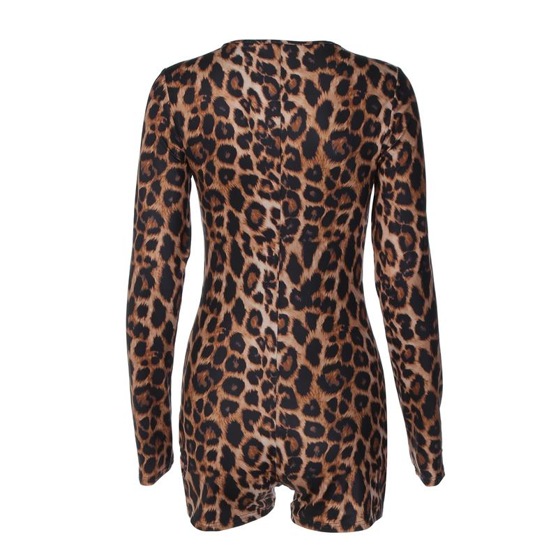 Women's Leopard Print V Neck Long Sleeve Romper, Ladies Spring Fall Winter Party Club Date Holiday Daily Casual One-piece Set Shorts Jumpsuits Playsuits For Everyday Wear