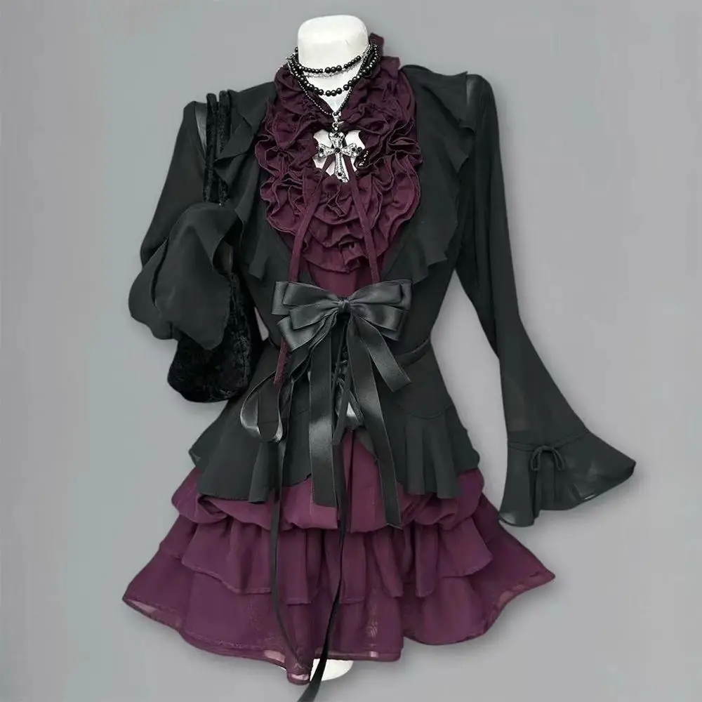 Y2k Vintage Lolita 2 Piece Sets Women Japanese Kawaii Ruffle Lace Off Shoulder Top Mini Skirt Casual Daily Outfits Ropa Mujer