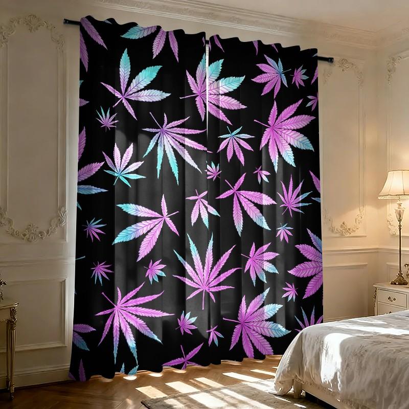 2 pieces of colorful maple leaf theme printed curtains, made of polyester with semi-transparent texture, machine washable, suitable for bedrooms, living rooms and home decoration curtains