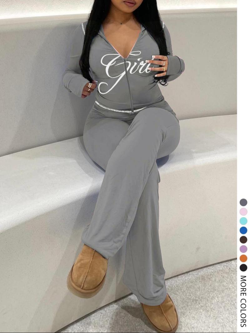 【LovelyWholesale】Two-piece Set Women's Colorblock Letter Print Zip Up Crop Jacket & High Waist Flare Leg Pants, Casual Fashion Cozy Breathable Outfits for Yoga Gym Workout, Ladies Sportswear for Fall