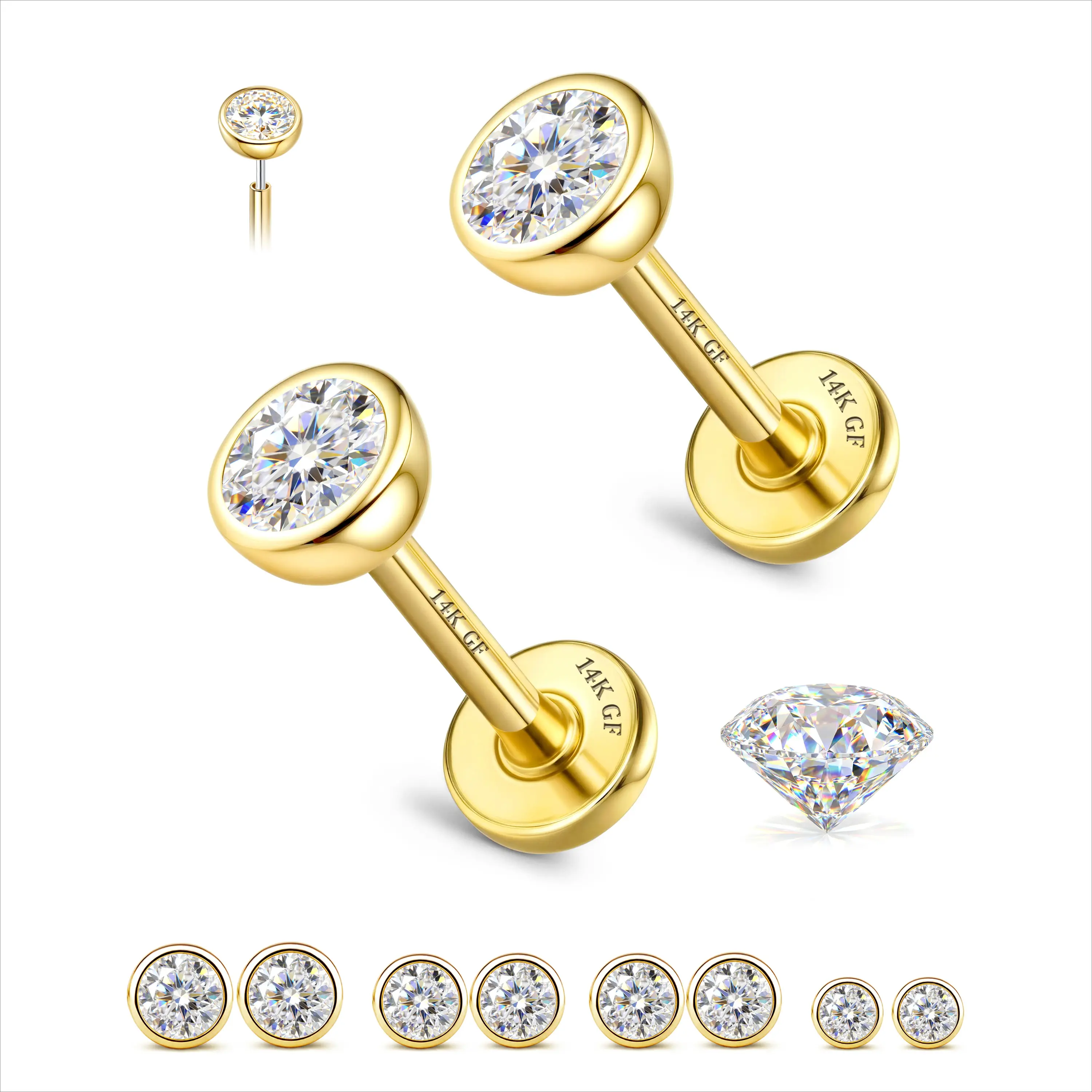 GEMQUEEN 8 Pcs Moissanite Flat Back Earrings, 316L Stainless Steel Threadless Stud Earrings, 16G/18G/20G Cartilage Jewelry for Women & Men, Helix, Tragus, Conch, Nose & Lip Piercing