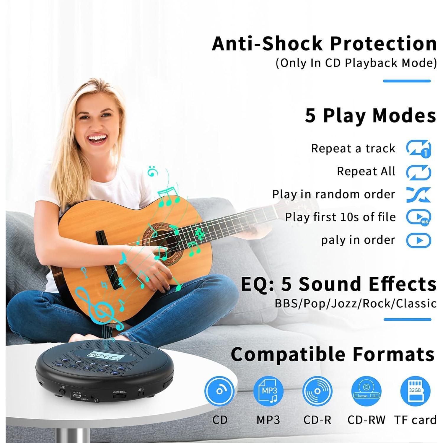 Portable CD Player with  Stereo Speakers, Rechargeable CD Player for  with Anti-Skip Protection, Headphones and AUX  Backlight Buttons